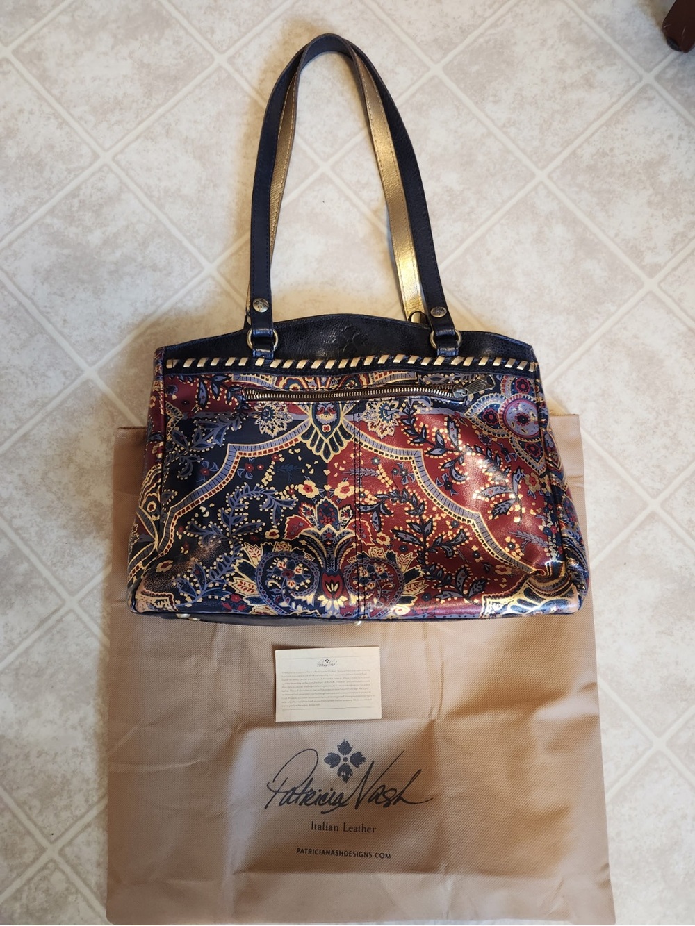 Patricia Nash Navy, Red and Gold Paisley Leather Shoulder Tote